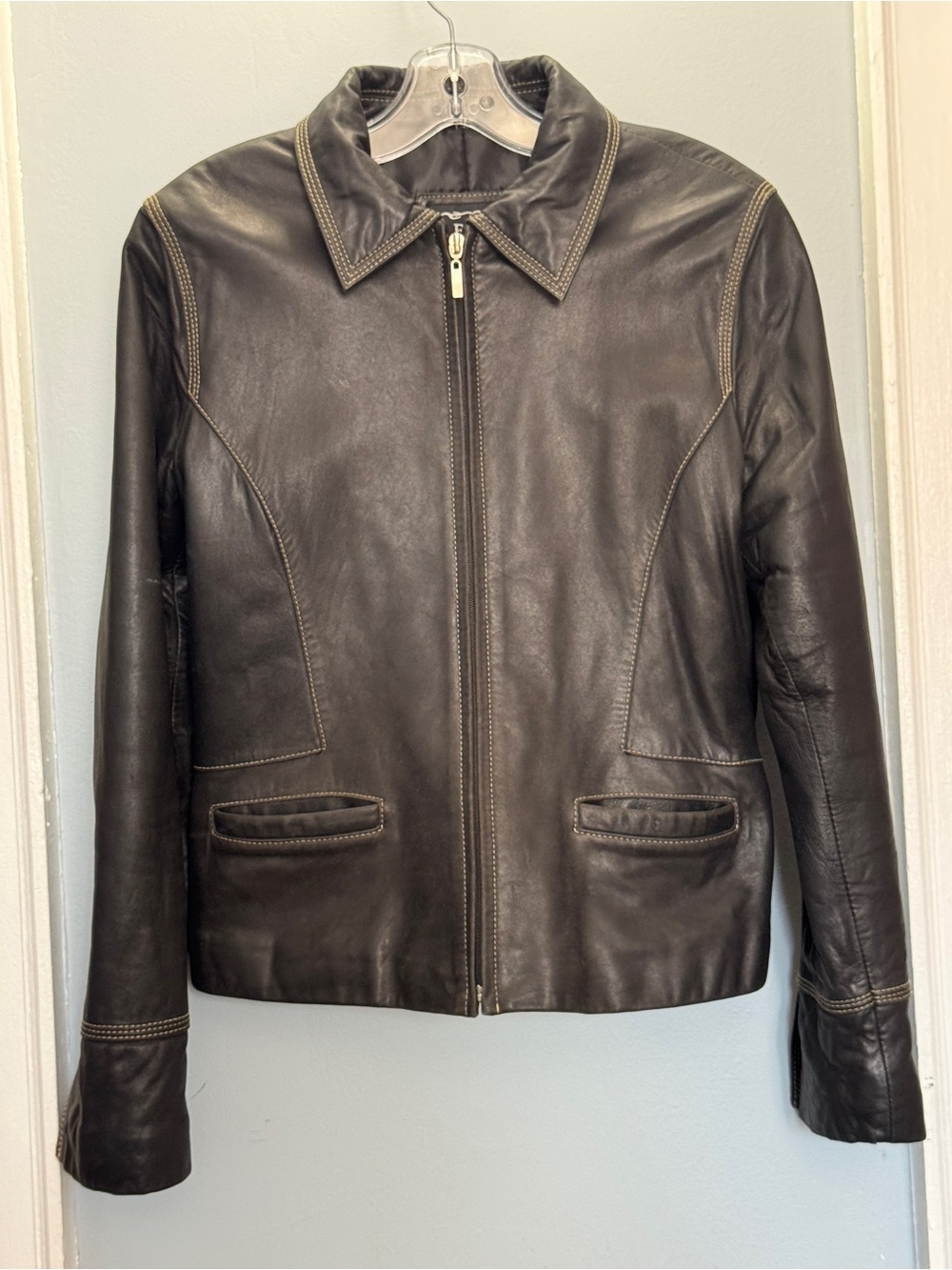EMC Women’s Black Genuine Leather Jacket Contrast Stitching Large Fall